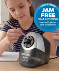 Person using Heavy Duty 6 Hole Pencil Sharpener With Industrial Motor Quiet Fan Cooled Operation shown with glitter pencil