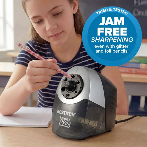 Person using Heavy Duty 6 Hole Pencil Sharpener With Industrial Motor Quiet Fan Cooled Operation shown with glitter pencil