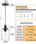 Three Pack Black Industrial Pendant Lights With Clear Glass Shades dimensions and specifications chart for adjustable farmhouse lighting.