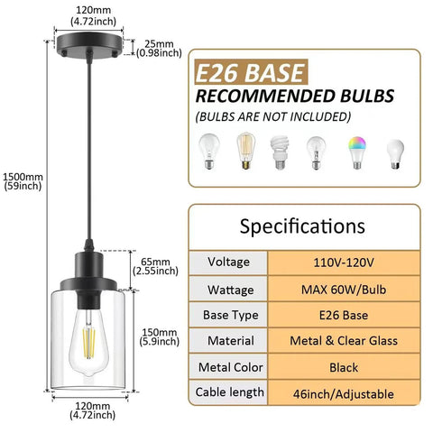 Three Pack Black Industrial Pendant Lights With Clear Glass Shades dimensions and specifications chart for adjustable farmhouse lighting.