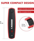 Compact design of Folding 17 Piece Allen Wrench Set with SAE and Metric Hex Keys, Cr-V Steel, red and black handle dimensions shown.