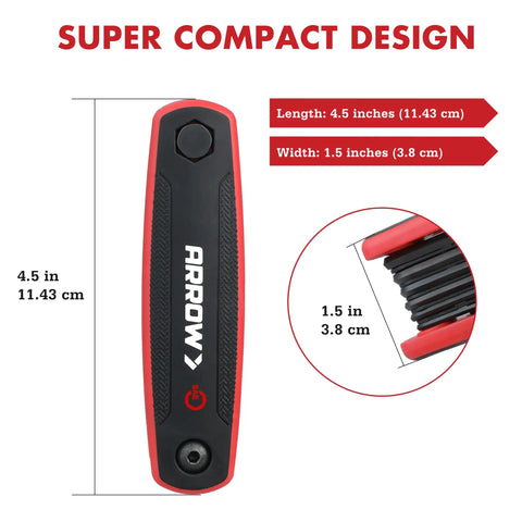 Compact design of Folding 17 Piece Allen Wrench Set with SAE and Metric Hex Keys, Cr-V Steel, red and black handle dimensions shown.