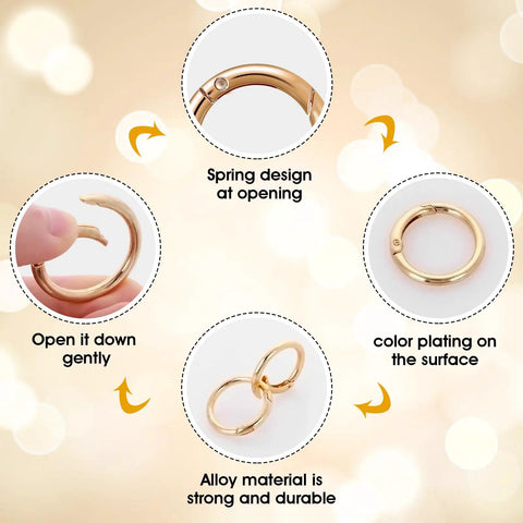 16 Pcs Mini O Ring Clip Spring Carabiner Set For Bags And Purses And Handbags, Round Gold And Silver O Rings And Clasps, Four Sizes For DIY Jewelry Making And Craft Projects. Gold alloy spring O ring clip, open-close closeup