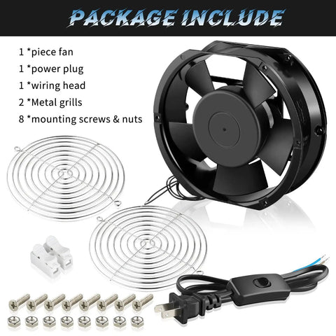 Dope High Speed Axial Muffin Fan 172mm By 152mm By 51mm With Switch 110V 120V, shown with power plug, metal grills, and screws