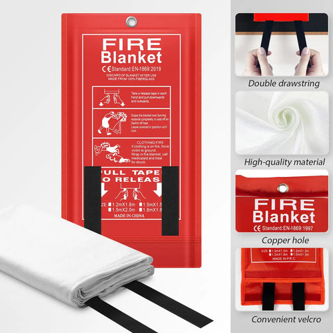4 Pack Fire Blanket 40x40 Inches Fiberglass Emergency Fire Safety product features including double drawstring, copper hole, velcro.