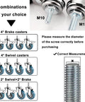 Pack of 4 furniture casters 65 mm/75 mm with brakes low noise transport casters options shown with M10/M12 shanks.