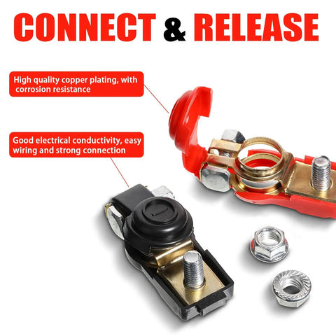 6 Pack Copper Battery Terminal Clamps Quick Release Connectors for Positive and Negative Terminals, red and black clamps close-up