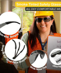 Bulk Pack Of Thirty Six Ansi Z87.1 Certified Safety Glasses With Heavy Duty Scratch And Impact Resistant Gray Lenses Dang Solid Protective Eyewear Built Tough For Crews And Professionals To Handle The Daily Grind. Smoke tinted safety glasses with soft rubber tips, wide nose pad, and ultra-light design.