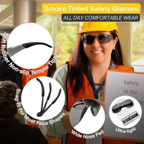 Legit Heavy Duty Smoke Tinted Safety Glasses 12 Pack With 12 Noise Blocking Silicone Ear Plugs NRR 25dB ANSI Z87 rated for comfortable wear.