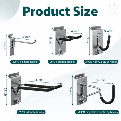 Product size chart for 20 Piece Heavy Duty Slatwall Hook Kit For PVC Back Panel Steel Hangers Garage Organization Set