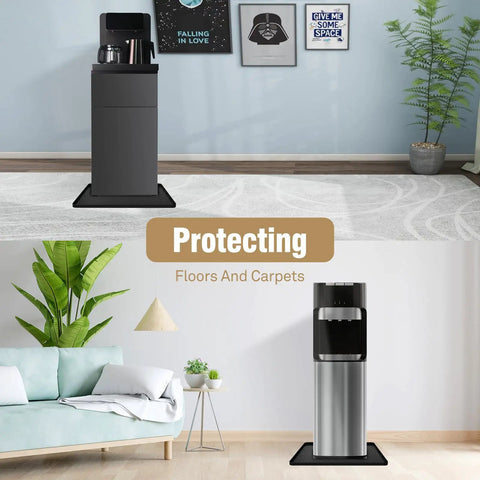 Non-Slip Silicone Water Cooler Mat With Raised Edge For Floor Protection Under Water Dispenser 22 By 19 Inches Spill-Proof Mat keeps floors dry in living room with green plant and carpet.