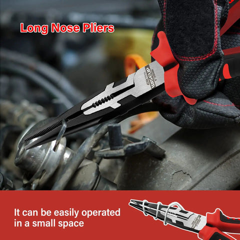Five Piece Pliers Set In Cr-V Chrome With 6 Inch Needle Nose Pliers in use on engine part, red gloves holding tool