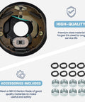 Close-up view of a pair of 10 X 2-1/4 Electric Trailer Brakes with accessory nuts and washers for 3500 lb axles.