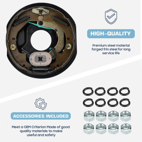 Close-up view of a pair of 10 X 2-1/4 Electric Trailer Brakes with accessory nuts and washers for 3500 lb axles.