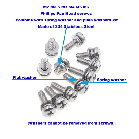 Built Different Heavy Duty 304 Stainless Steel Metric Fastener Assortment Kit Covering M2 Through M6 Phillips Pan Head screws with washers.