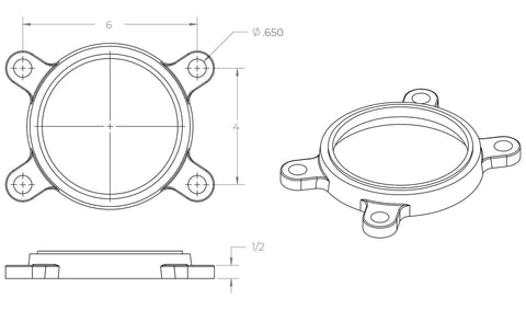 Technical drawing of a ring component with dimensions, featuring 4-point attachment blueprint, similar to a forge base.