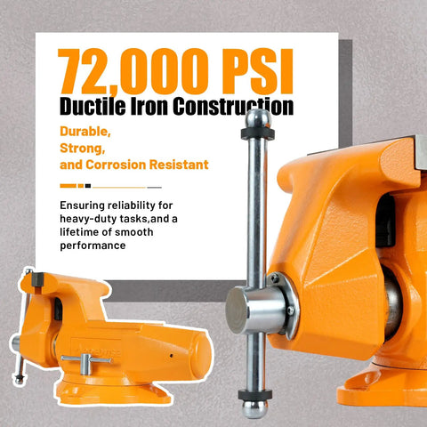 Heavy Duty 6 Inch Bench Vise With 7 Inch Jaw Opening And 360 Degree Swivel Base, Ductile Iron construction with a strong, durable design.
