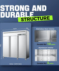 Heavy Duty Commercial Refrigerator And Freezer Combo With Dual Temp Zones For Restaurants And Bars shown with dimensions and materials.
