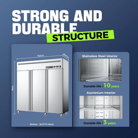 Heavy Duty Commercial Refrigerator And Freezer Combo With Dual Temp Zones For Restaurants And Bars shown with dimensions and materials.