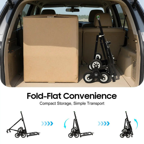 Fold-flat Heavy Duty Stair Climbing Cart For Easy Moving, Portable Hand Truck Dolly That Throws Back 330 Lbs, in SUV cargo area