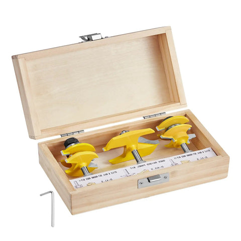 Pro Grade Carbide Router Bit Set With 1/4 Inch Shank In A Sturdy Wood Carrying Case, 3-Piece Kit shown open with tools inside