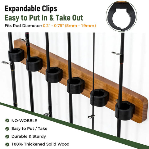 Vertical Wooden Fishing Rod Holder Set 2 Pack, Wall Mounted Rod Rack Holds Up To 12 Rods, features expandable clips
