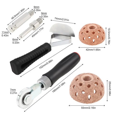 Tire Patch Kit With Patch Roller And Buffing Wheels 42mm And 55mm Six Piece Set For Quick Puncture Repair Including Tools