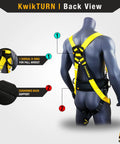 Back view of Rattler Combo Full Body Safety Harness with Cushioned Back Support, black and yellow, showing Dorsal D-ring and buckles.