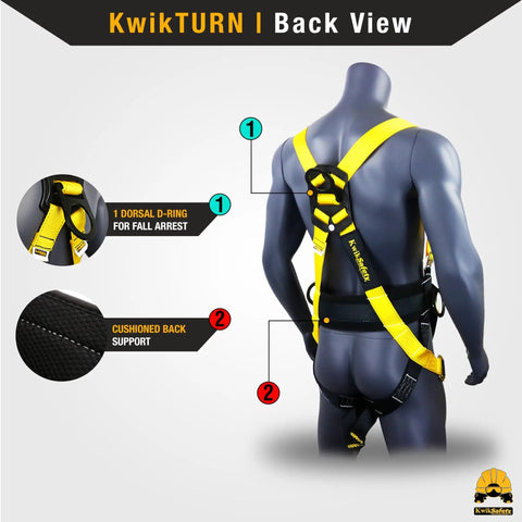 Back view of Rattler Combo Full Body Safety Harness with Cushioned Back Support, black and yellow, showing Dorsal D-ring and buckles.