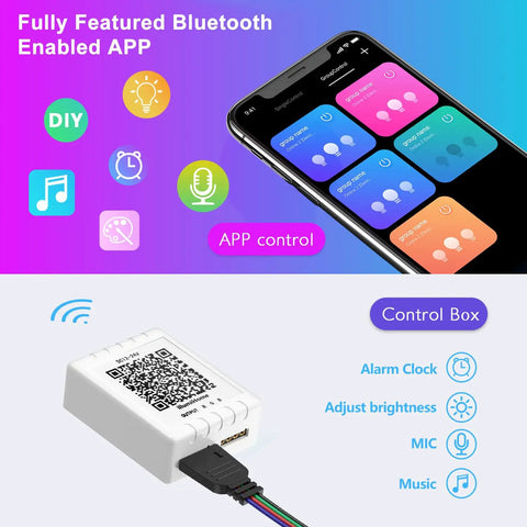 Control box and smartphone app for 25 Foot RGB LED Strip Lights With App Control And Music Sync Dope Color Changing Tape Lights SMD 5050 RGB