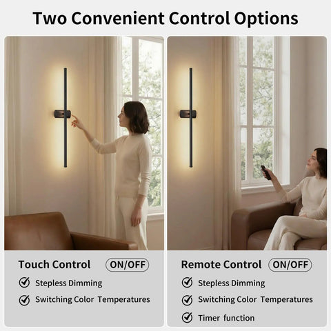 ONEWISH Battery Operated Wall Sconces Set of 2, 27.75" Wall Lights, touch and remote control options displayed.