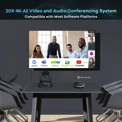 4K AI Auto Tracking PTZ Conference Camera System with Bluetooth speakerphone on conference room table, 20X optical zoom, USB3.0 HDMI LAN PoE
