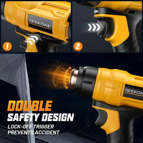 Cordless Heat Gun Kit with 20V Lithium Ion Battery showing double safety lock feature preventing accidents.
