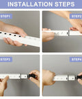 Installation steps of the Top Shelf Two Section Window Security Bar With Child Proof Anti Lift Lock, showing adjustments and securing.