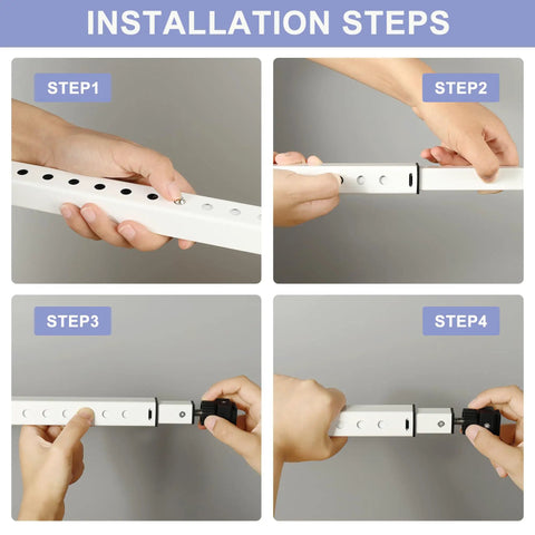Installation steps of the Top Shelf Two Section Window Security Bar With Child Proof Anti Lift Lock, showing adjustments and securing.