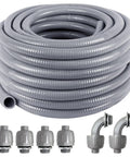 Coiled 1-1/4 In 50 Ft Liquid Tight PVC Conduit Kit With Fittings Flexible Non Metallic, showing included fittings and conduit roll.