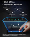 Dual Bay M.2 Nvme Ssd Cloner Dock Handles Up To 16TB Drives With Instant One To One Offline Duplication Makes PC Storage Upgrades A No Sweat Experience With Zero System Reinstalling Required showing cloning steps and controls.