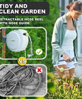 Woman using Heavy Duty Wall Mounted Garden Hose Reel With Auto Rewind in garden, contrasting tangled hose photo below.
