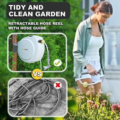Woman using Heavy Duty Wall Mounted Garden Hose Reel With Auto Rewind in garden, contrasting tangled hose photo below.