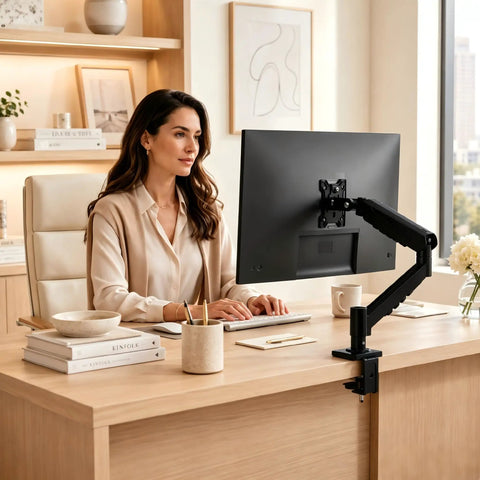 Top Shelf Single Monitor Arm Desk Mount With Ballistic Mechanical Springs For 17 To 32 Inch Screens in a stylish home office setup.
