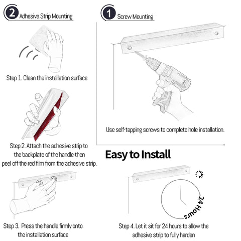 Installation guide for 4 Pack Matte Black Adhesive Edge Finger Pull 3 Inch Concealed Kitchen Cabinet Handle using adhesive and screws