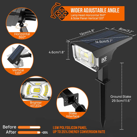 Diagram of Super Bright 40 LED Solar Landscape Lights Pack Of 6 With 3 Modes, showing adjustable angle and specifications.