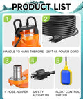 1HP Submersible Drain Pump With Float Switch Aluminum Sump Pump features handle, hose adapter, power cord, and float control switch.