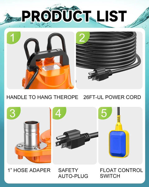 1HP Submersible Drain Pump With Float Switch Aluminum Sump Pump features handle, hose adapter, power cord, and float control switch.