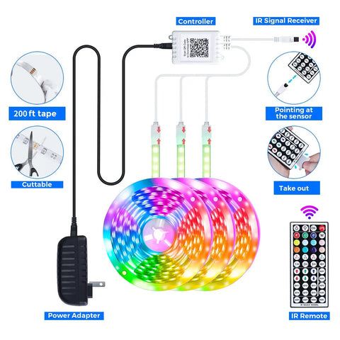 LED Light Strip Kit 200ft Ultra Long RGB 5050 Color Changing Lights With Music Sync Dimmable App Control IR Remote 3 Rolls