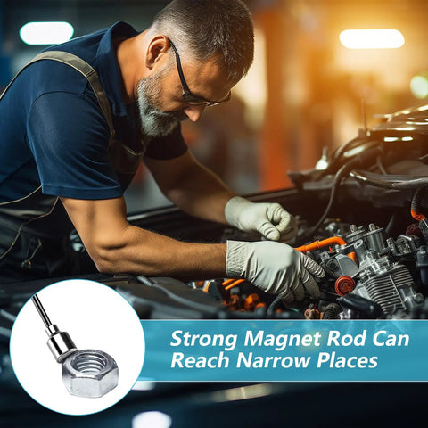 Mechanic using Telescoping Magnetic Pickup Tool Set With Pen Clip Design Extends From Five To Twenty Five Inches Three Pound Capacity Grabber