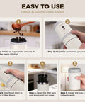 All In One Portable Coffee Maker With Built In Burr Grinder And Pour Over Filter For Travel Car Camping And Home Get Fresh Ground Coffee On The Go Anywhere In Minutes shown in five step process