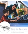 Father and son working on car engine with Adjustable Auto Body Sheet Metal Clamp Tool With Wide Flat Duckbill Jaws inset image.