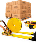 196 Pack 2 In X 50 Ft Ratchet Straps With Flat Hooks Heavy Duty Workhorse Polyester Webbing Tie Downs 10,000 Lbs Break Strength yellow straps beside pallet of boxes