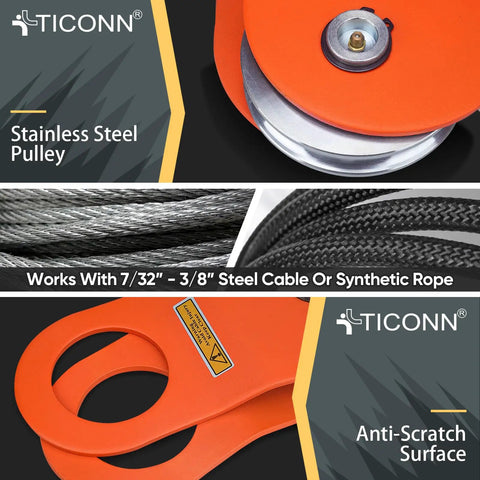 10 Ton Winch Snatch Block Towing Pulley with 22000 Lbs capacity, shown with stainless steel pulley and anti-scratch surface